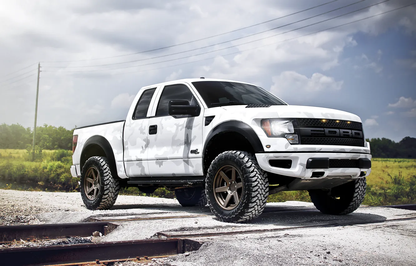 Photo wallpaper white, the sky, clouds, rails, Ford, white, Ford, Raptor