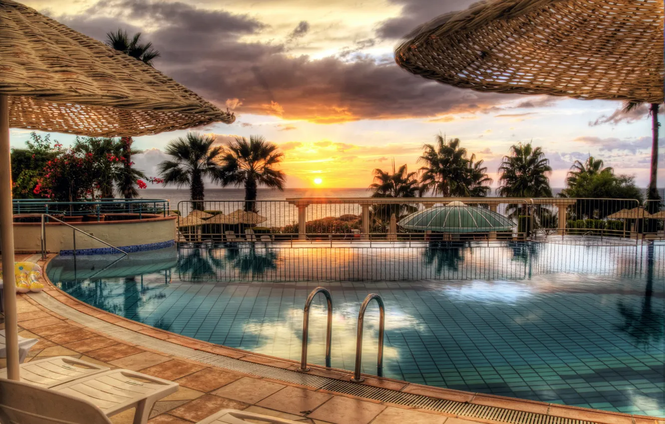 Photo wallpaper sea, the sky, sunset, palm trees, HDR, pool, sky, sea