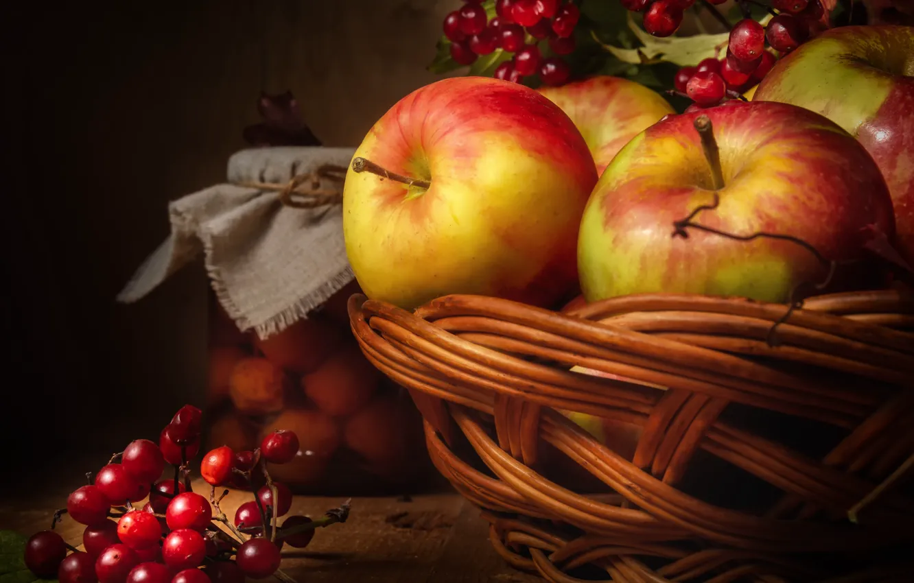 Photo wallpaper the dark background, still life, apples, basket