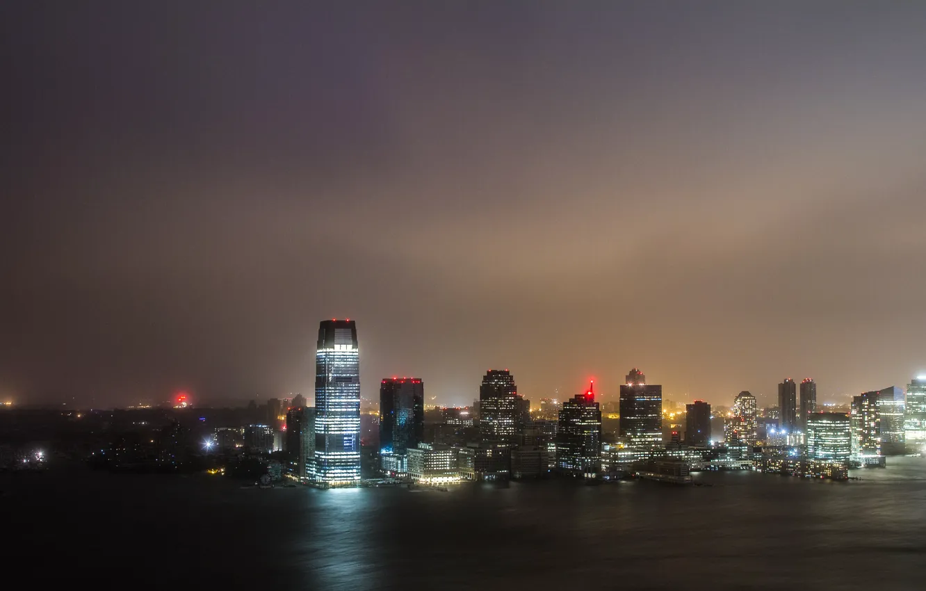 Photo wallpaper night, the city, lights, the ocean, the wind, skyscrapers, the evening, large