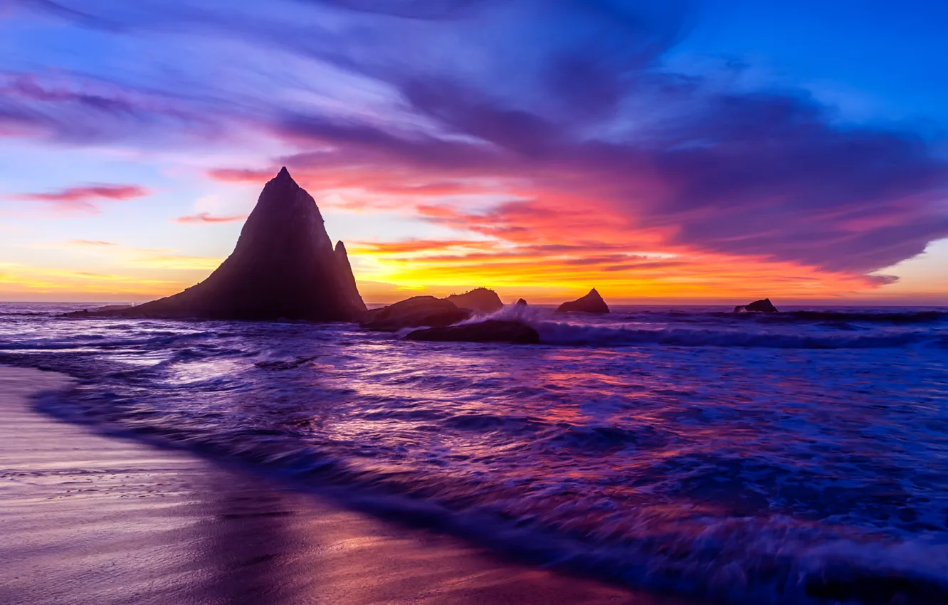 Photo wallpaper USA, sunset, Olympic National Park, Rock Coast Beach