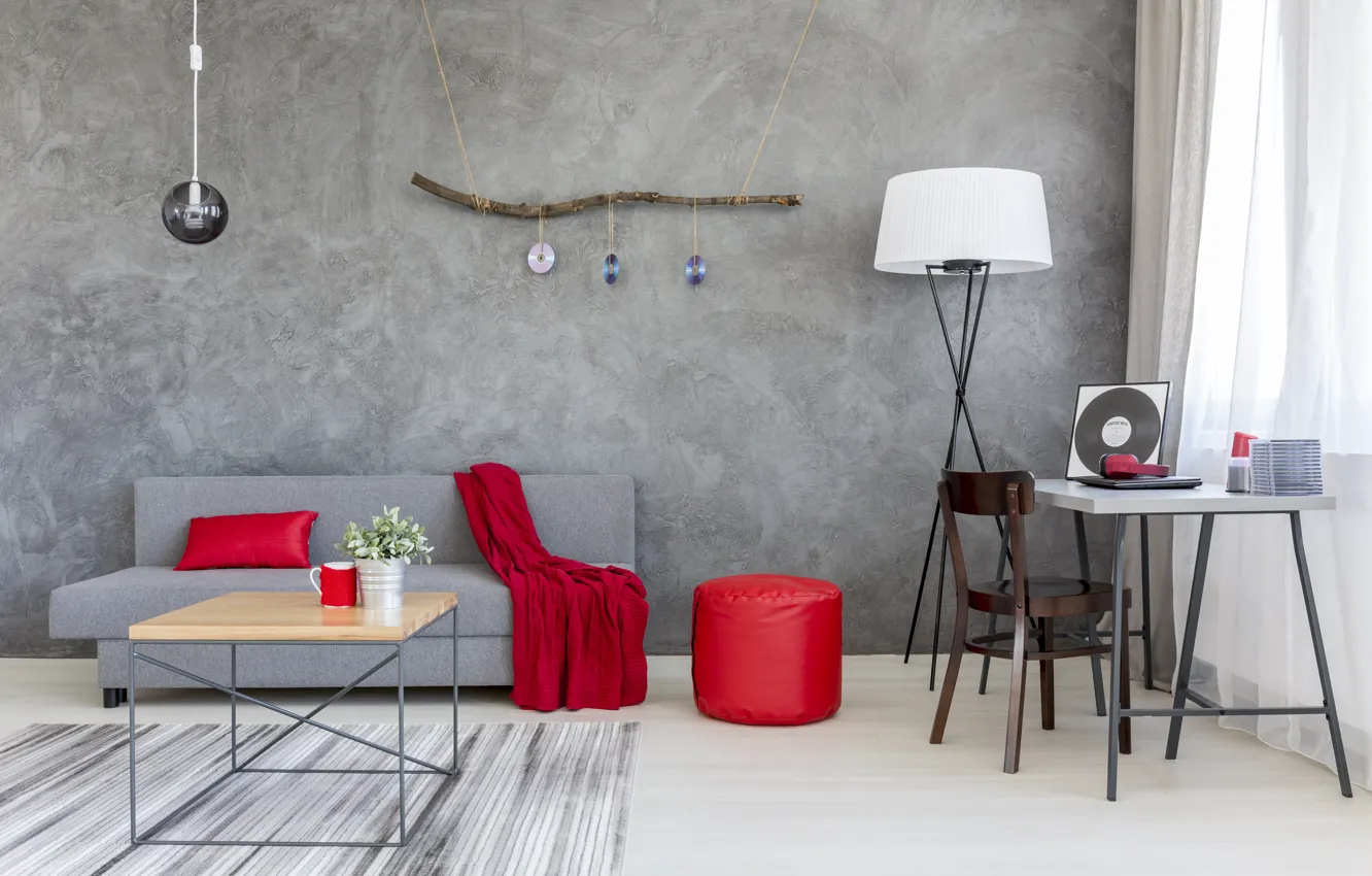 Photo wallpaper red, grey, sofa, home, interior, silk