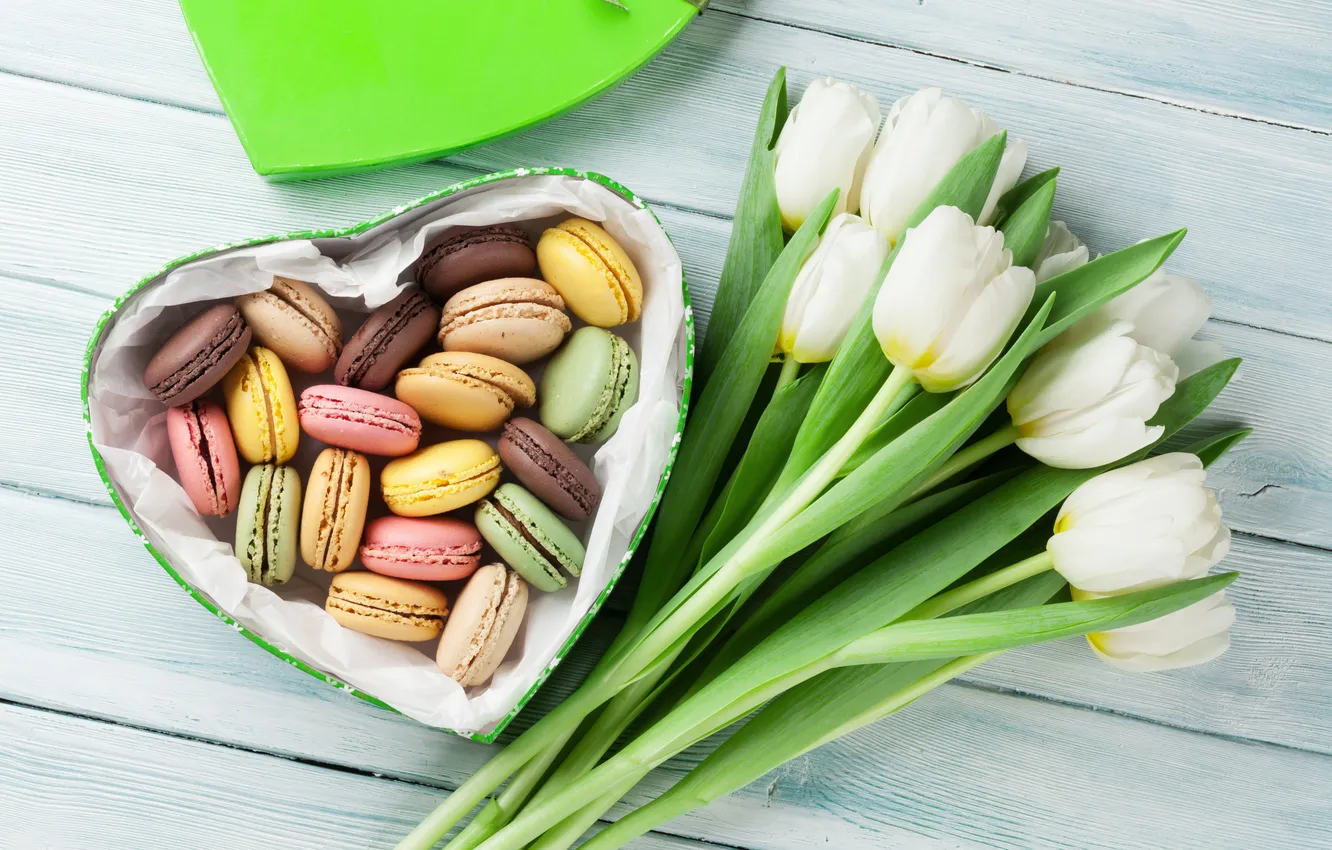 Photo wallpaper flowers, red, gift, bouquet, tulips, love, white, heart