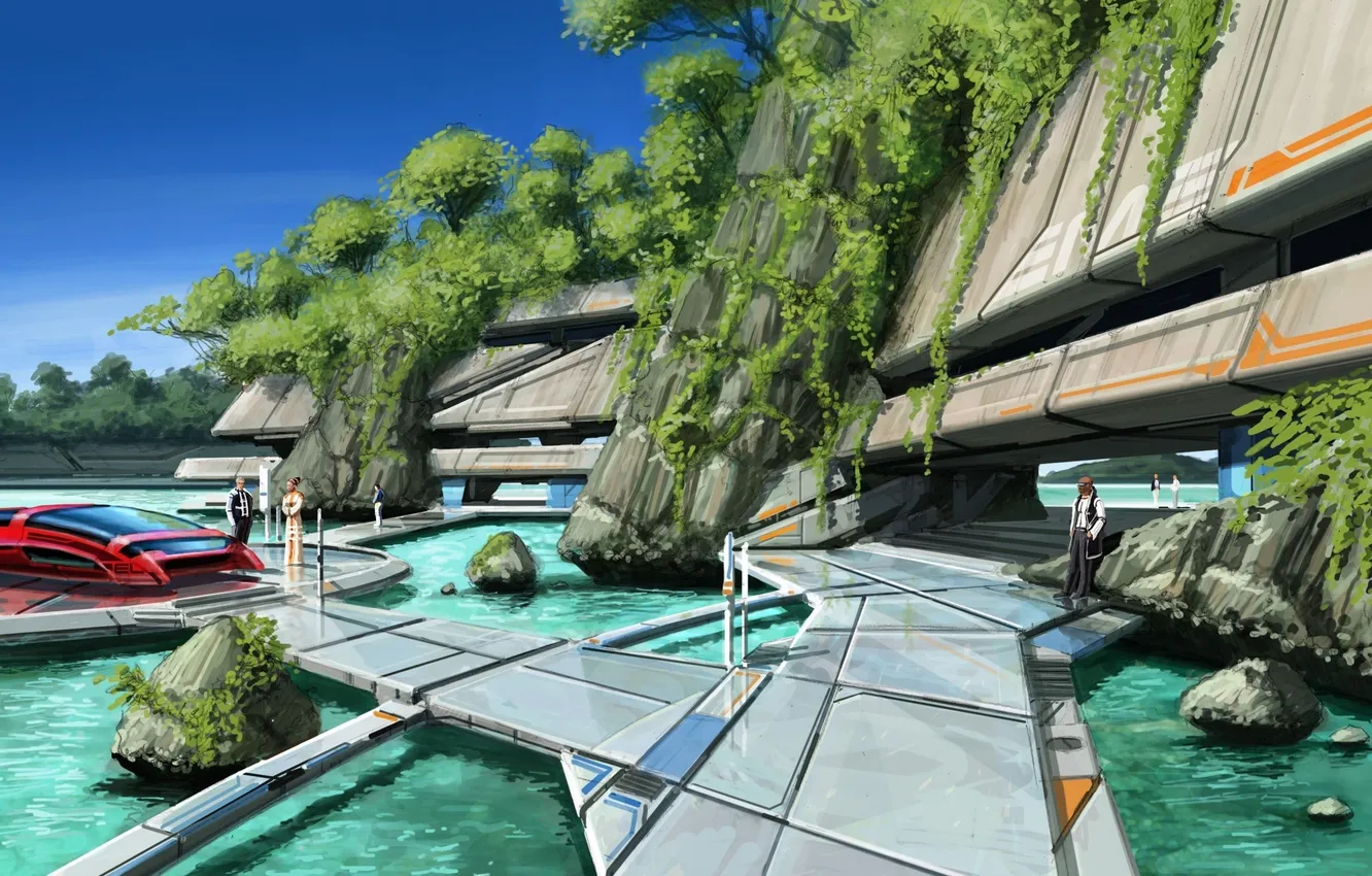 Photo wallpaper water, transport, people, building, art, track, mass effect, saroli