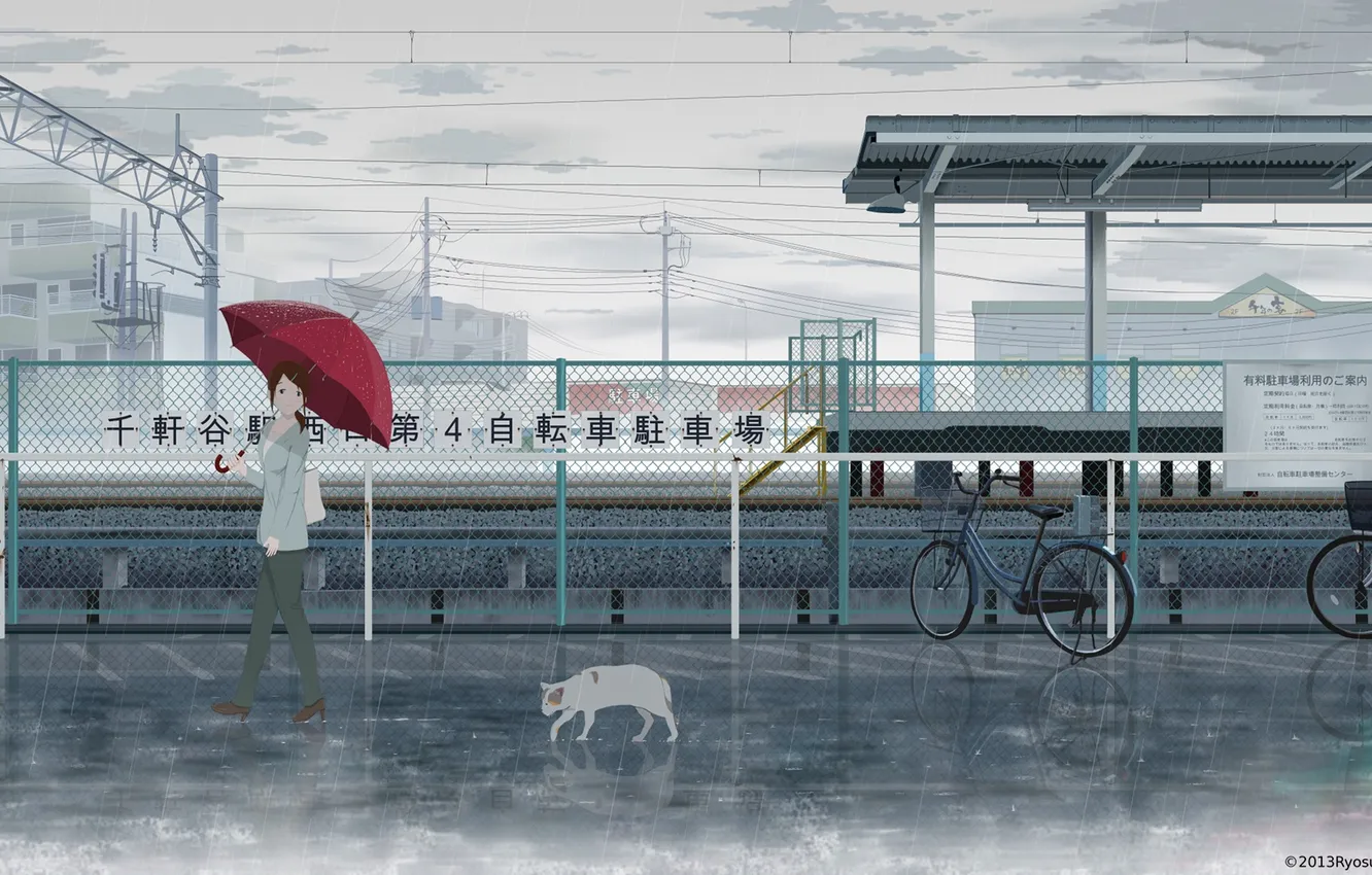 Photo wallpaper cat, girl, bike, rain, the fence, umbrella, anime, art