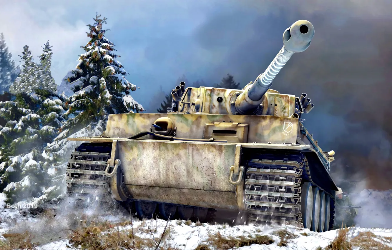 Photo wallpaper Snow, Spruce, Tank, Tiger I, Heavy, With a gun, 8.8cm KwK 36 L/56
