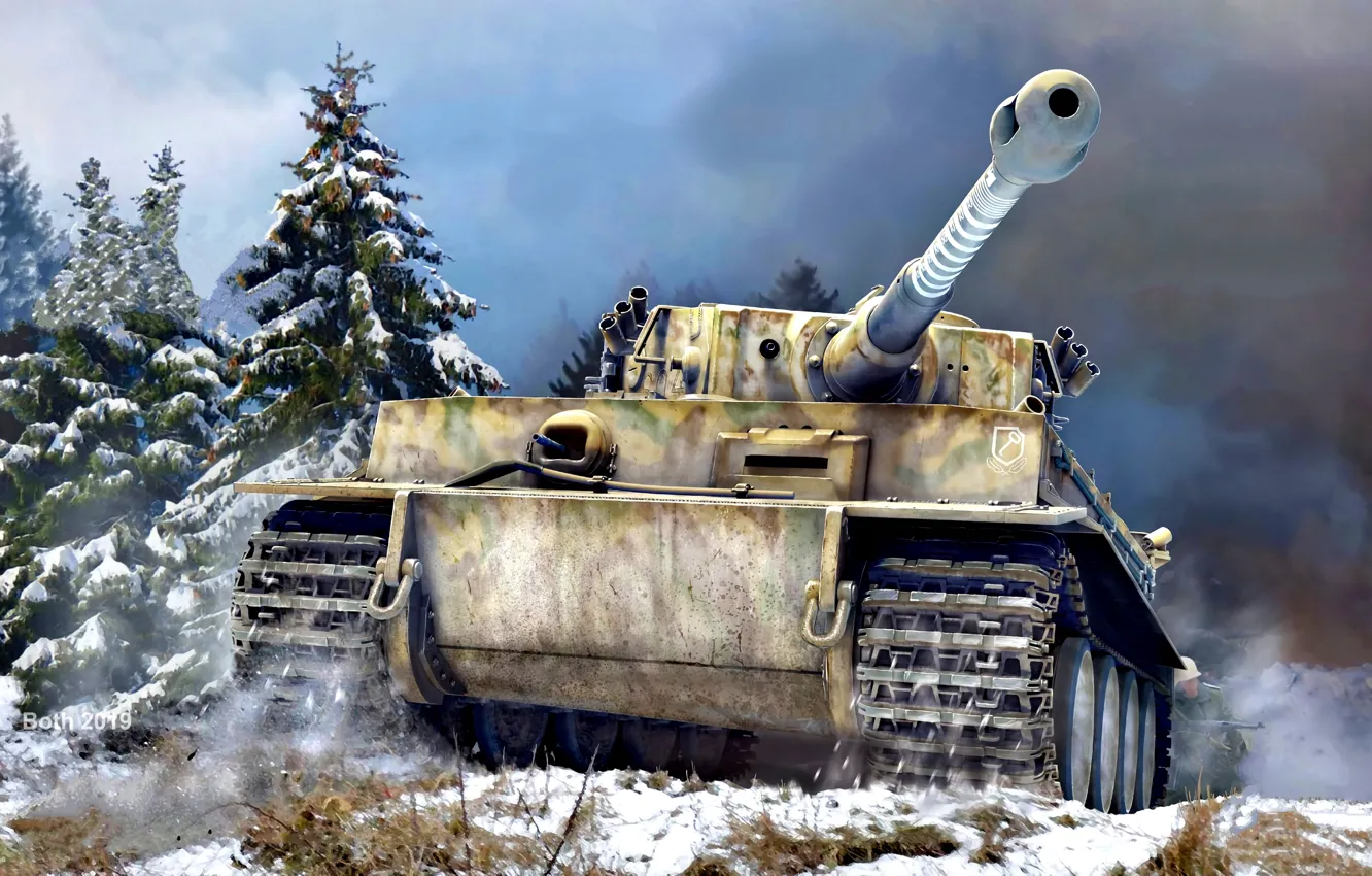 Photo wallpaper snow, spruce, tank, heavy, Tiger I, With a gun, 8.8cm KwK 36 L/56