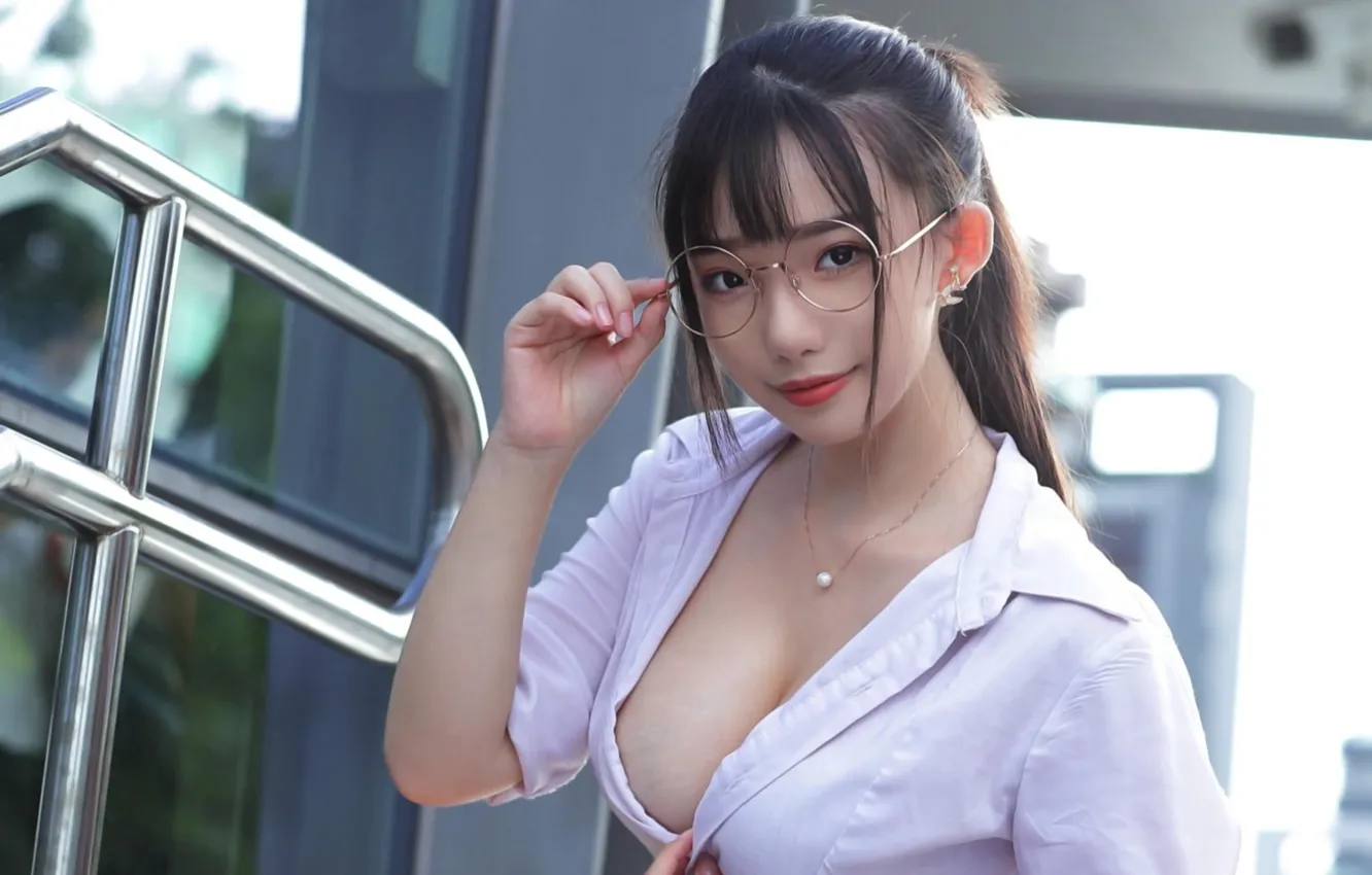 Photo wallpaper girl, sexy, cleavage, blouse, long hair, boobs, smile, beautiful