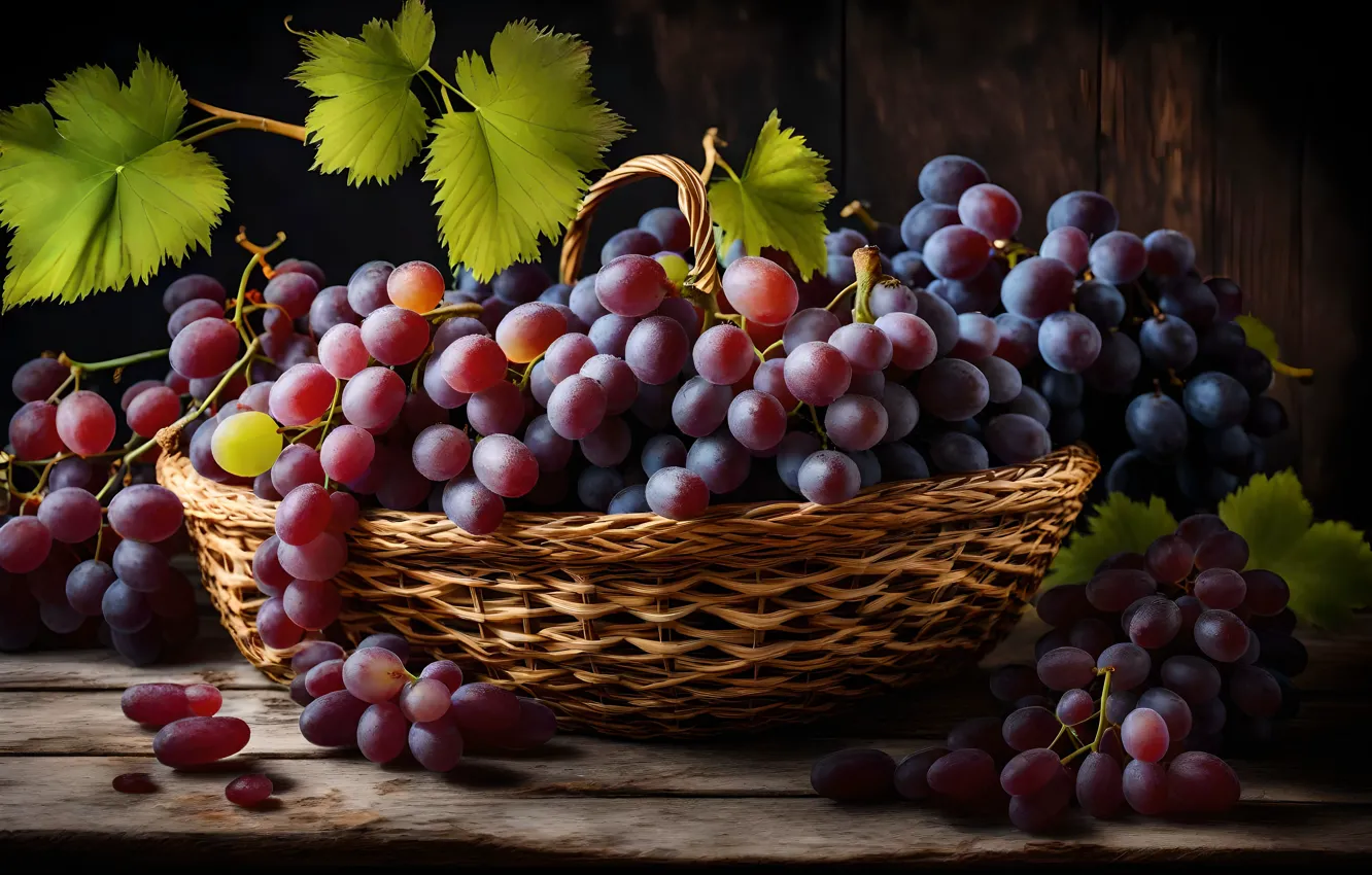Photo wallpaper still life, table, AI art, grapes, neural network