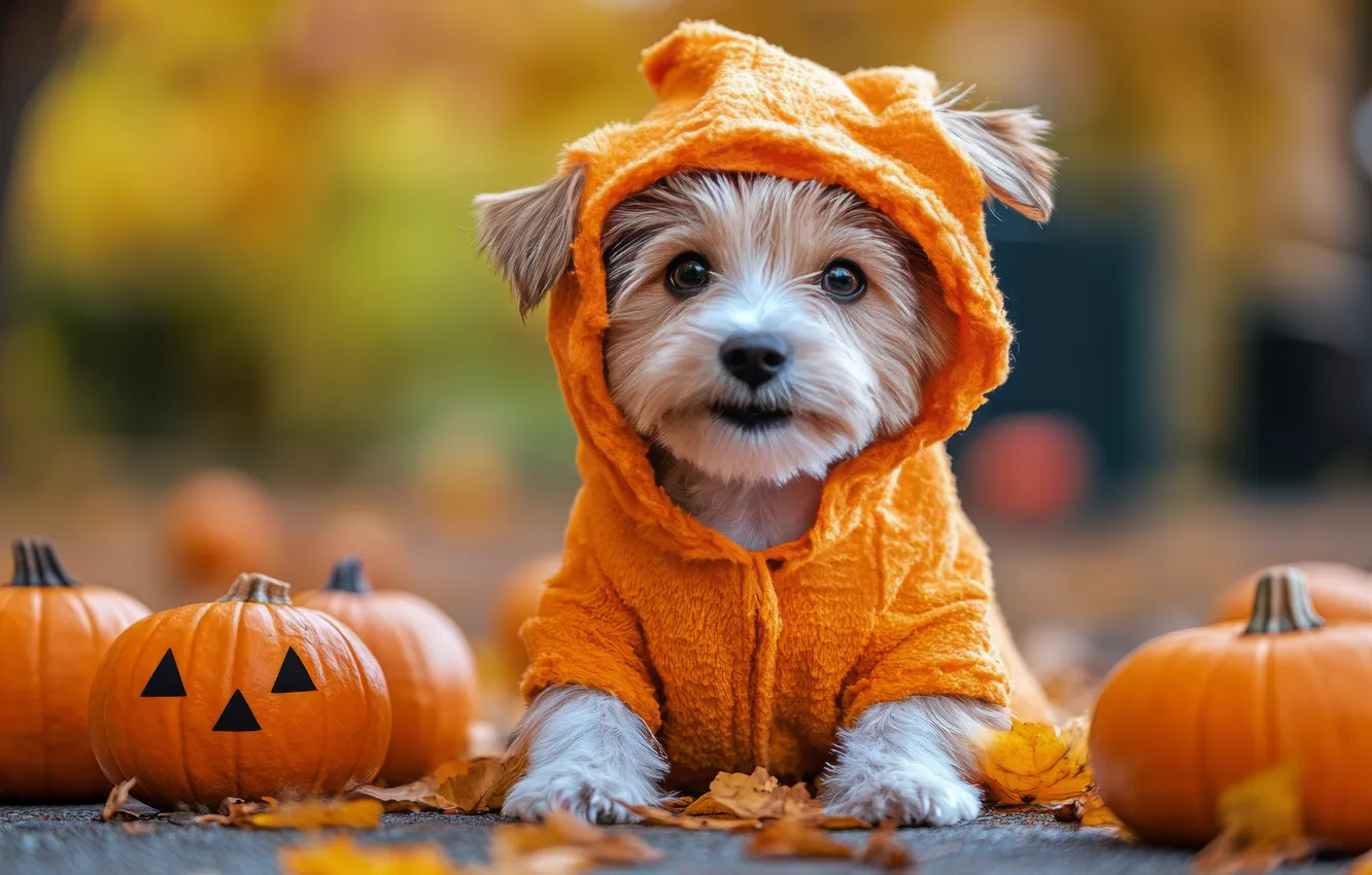 Photo wallpaper autumn, look, holiday, dog, costume, outfit, pumpkin, Halloween
