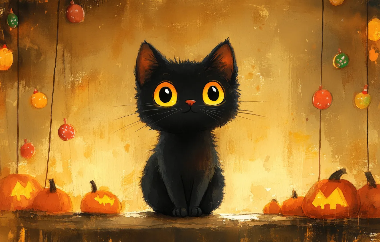 Photo wallpaper cat, eyes, cat, look, black, art, Halloween, pumpkin