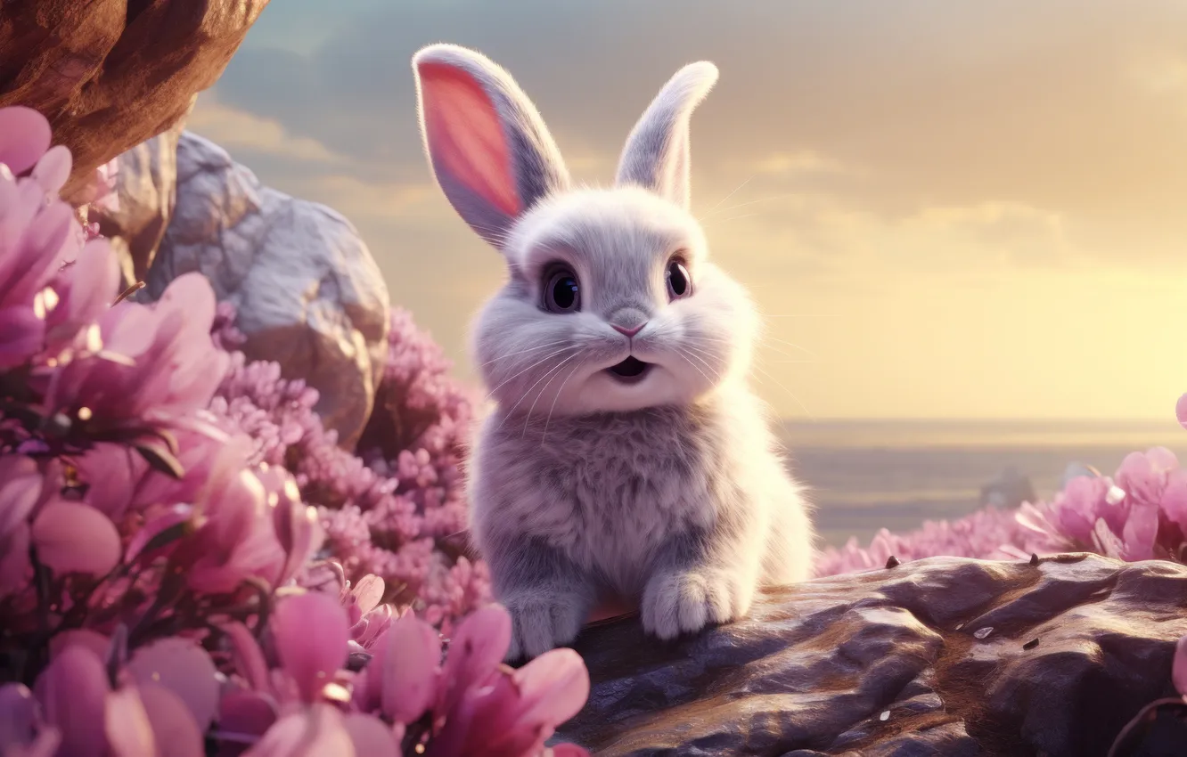 Photo wallpaper white, flowers, rabbit, Bunny
