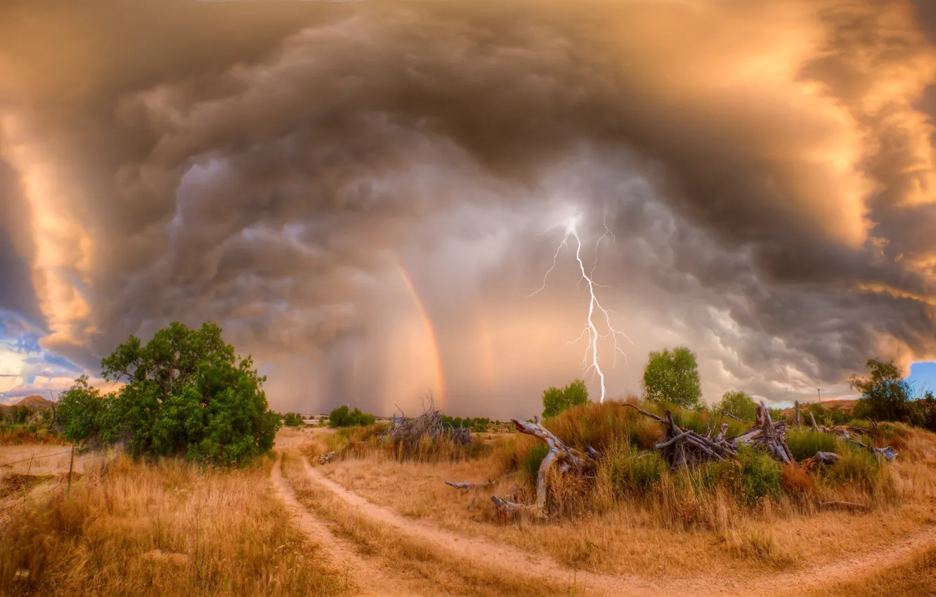 Photo wallpaper road, the storm, field, grass, trees, clouds, lightning, rainbow