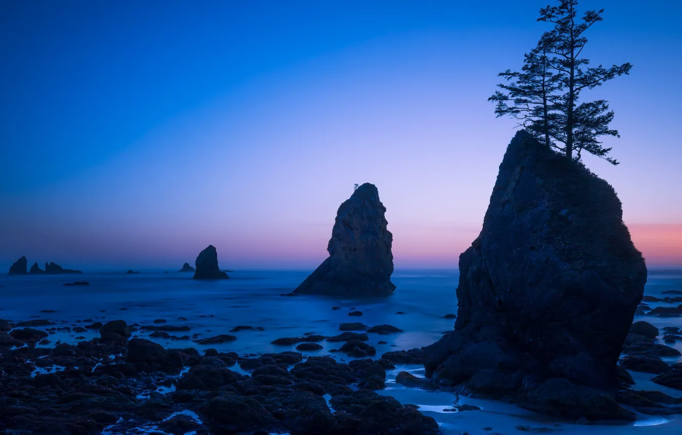 Photo wallpaper sea, sunset, rocks, Washington State, Washington, Clallam Bay, Shi Shi Beach, Bay Clallam