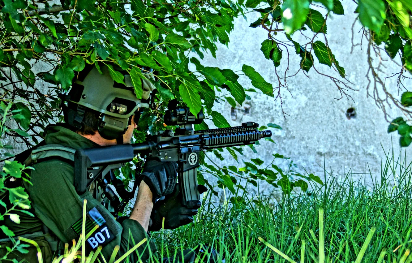 Photo wallpaper greens, grass, weapons, background, blur, soldiers, camouflage, the bushes