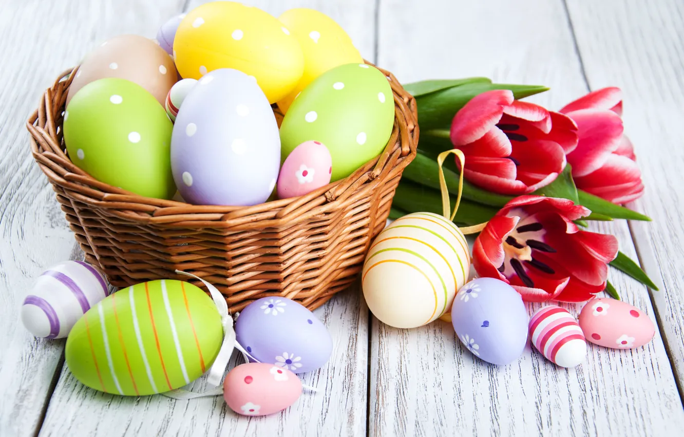 Photo wallpaper flowers, eggs, spring, colorful, Easter, tulips, wood, flowers