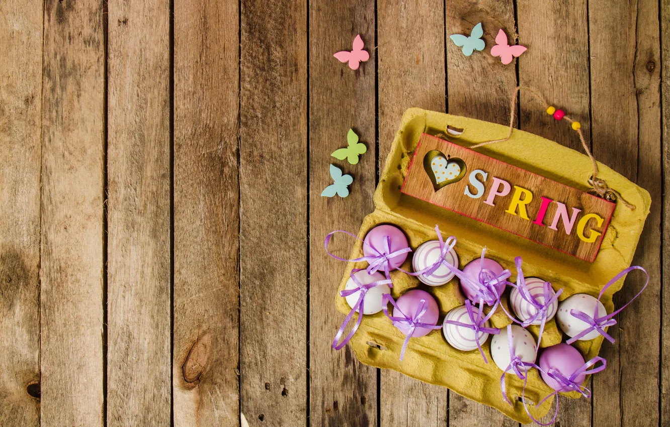 Photo wallpaper butterfly, spring, Easter, wood, spring, Easter, purple, eggs