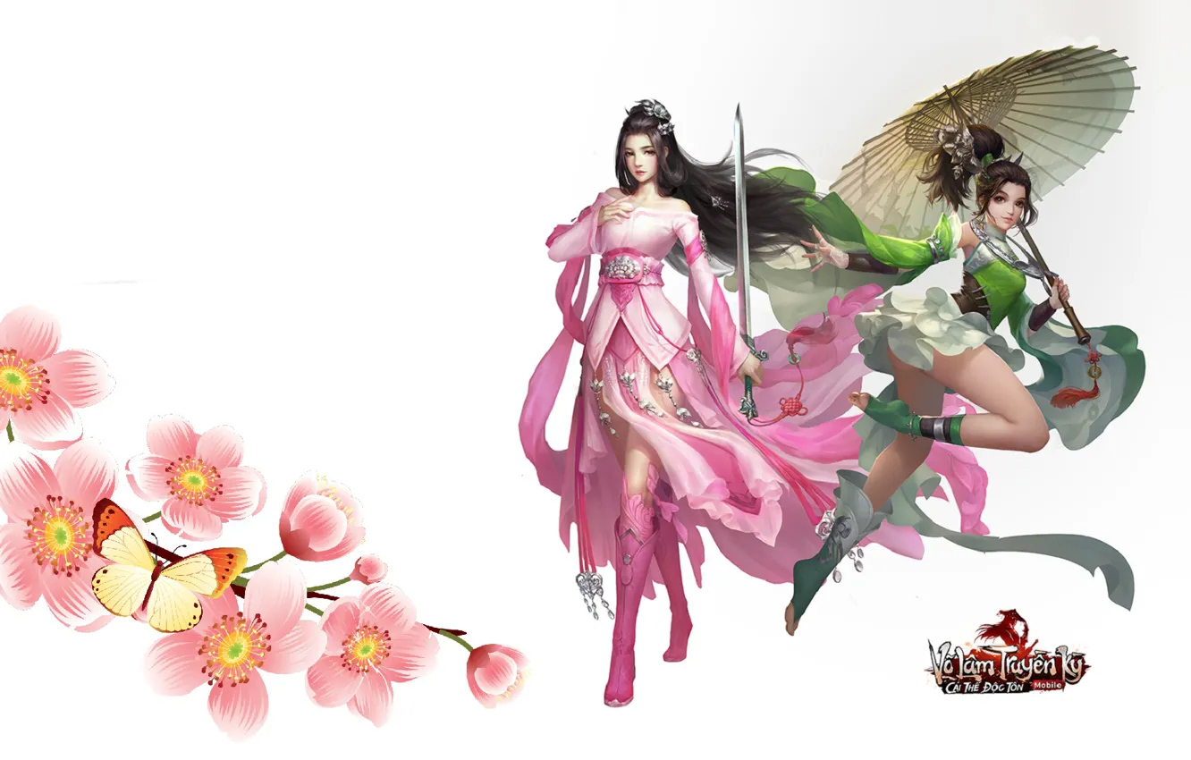Photo wallpaper flowers, umbrella, girls, the game, art, Swordsman Mobile