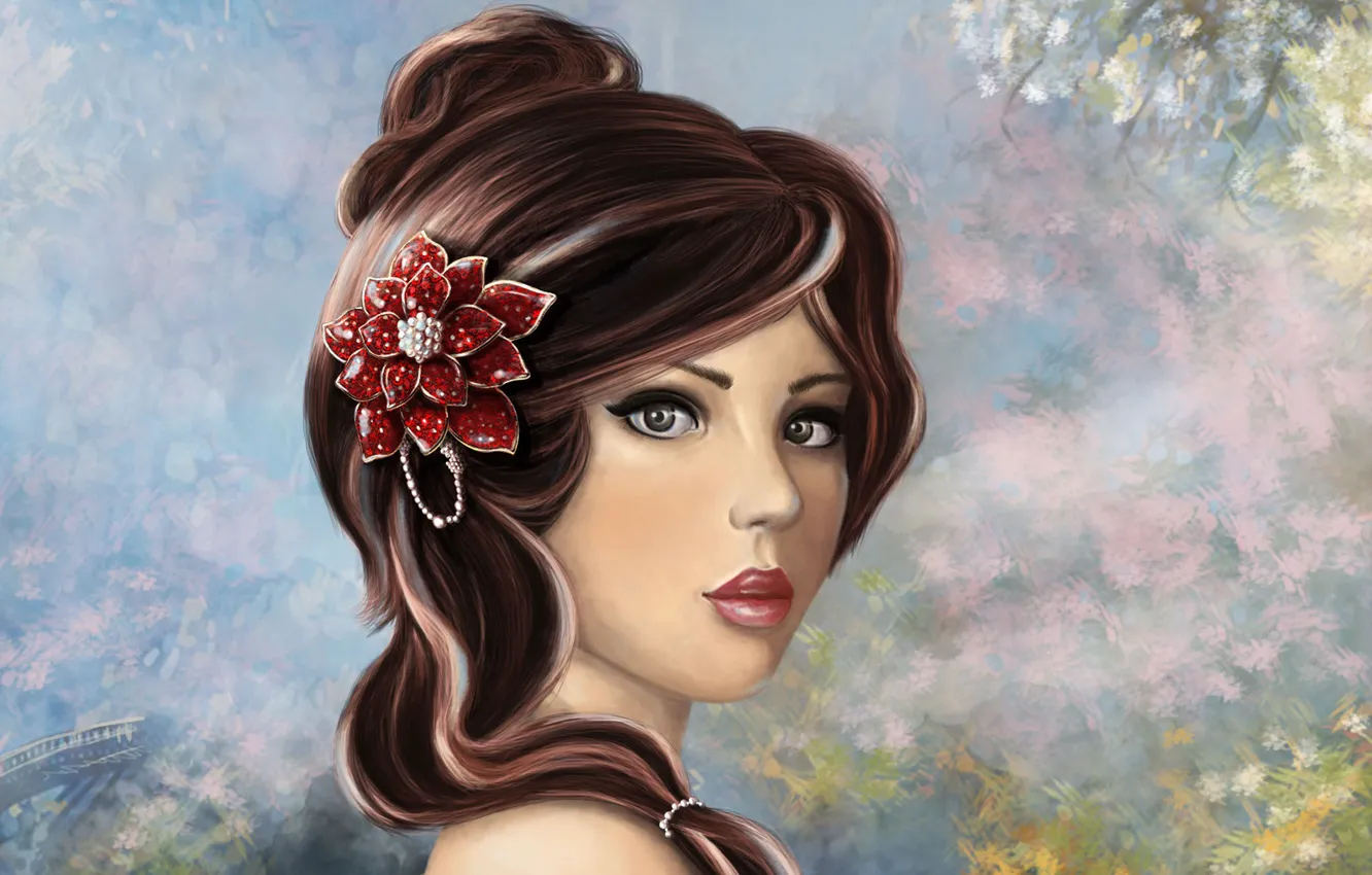 Photo wallpaper flower, look, girl, decoration, face, makeup, art, hairstyle