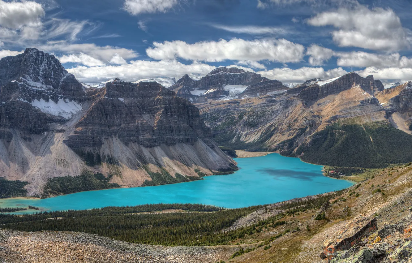 Photo wallpaper the sky, clouds, snow, mountains, lake, Canada, Albert
