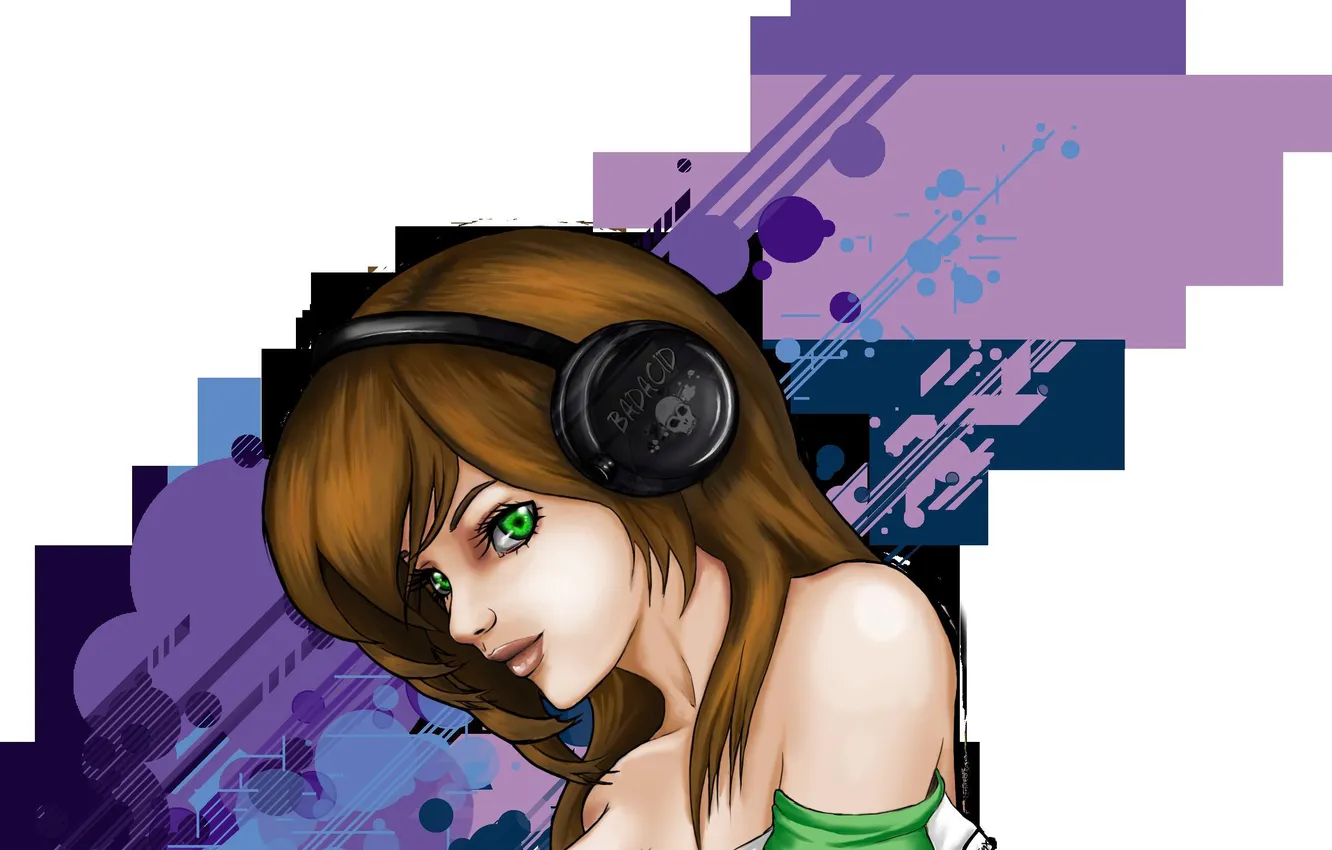 Photo wallpaper girl, music, background, hair, skull, headphones, art, green eyes