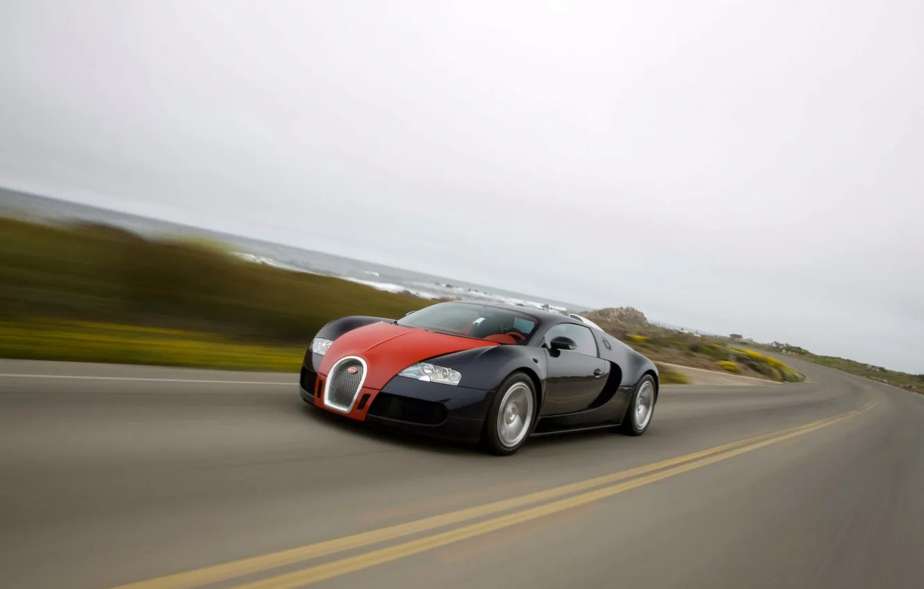 Photo wallpaper road, movement, Bugatti Veyron, Bugatti Veyron