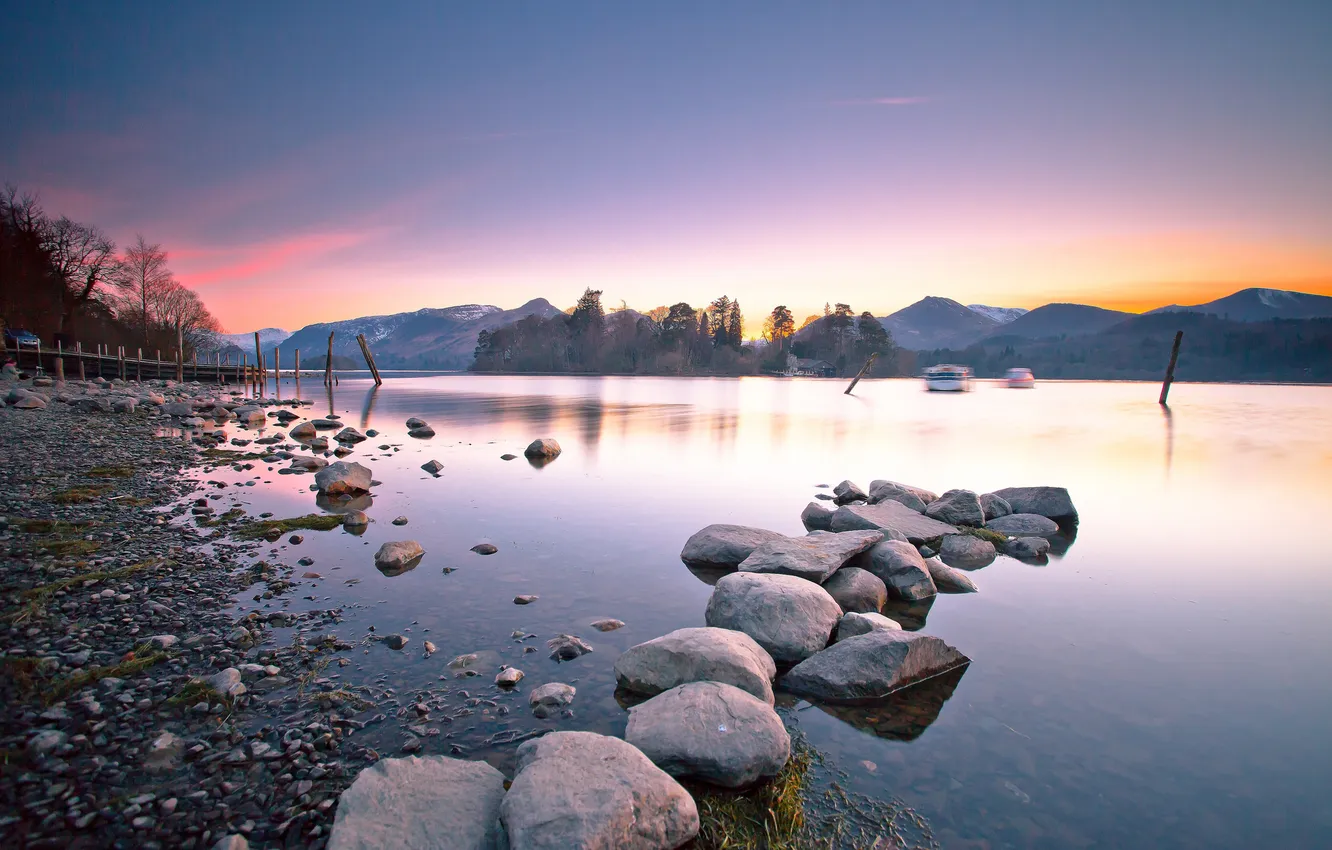 Photo wallpaper mountains, lake, stones, dawn