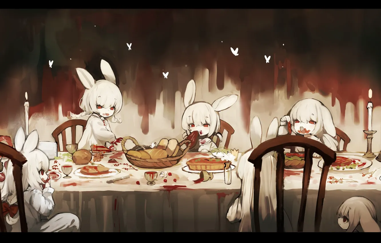 Photo wallpaper red eyes, grey hair, blood, meal, in the dark, blood on the lips, black magic, …