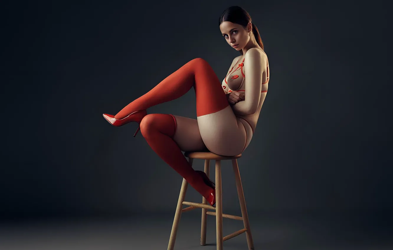 Photo wallpaper girl, the dark background, feet, stool
