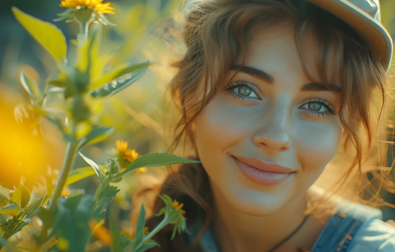 Photo wallpaper closeup, neural network, smile, girl, field, flowers, digital art, look