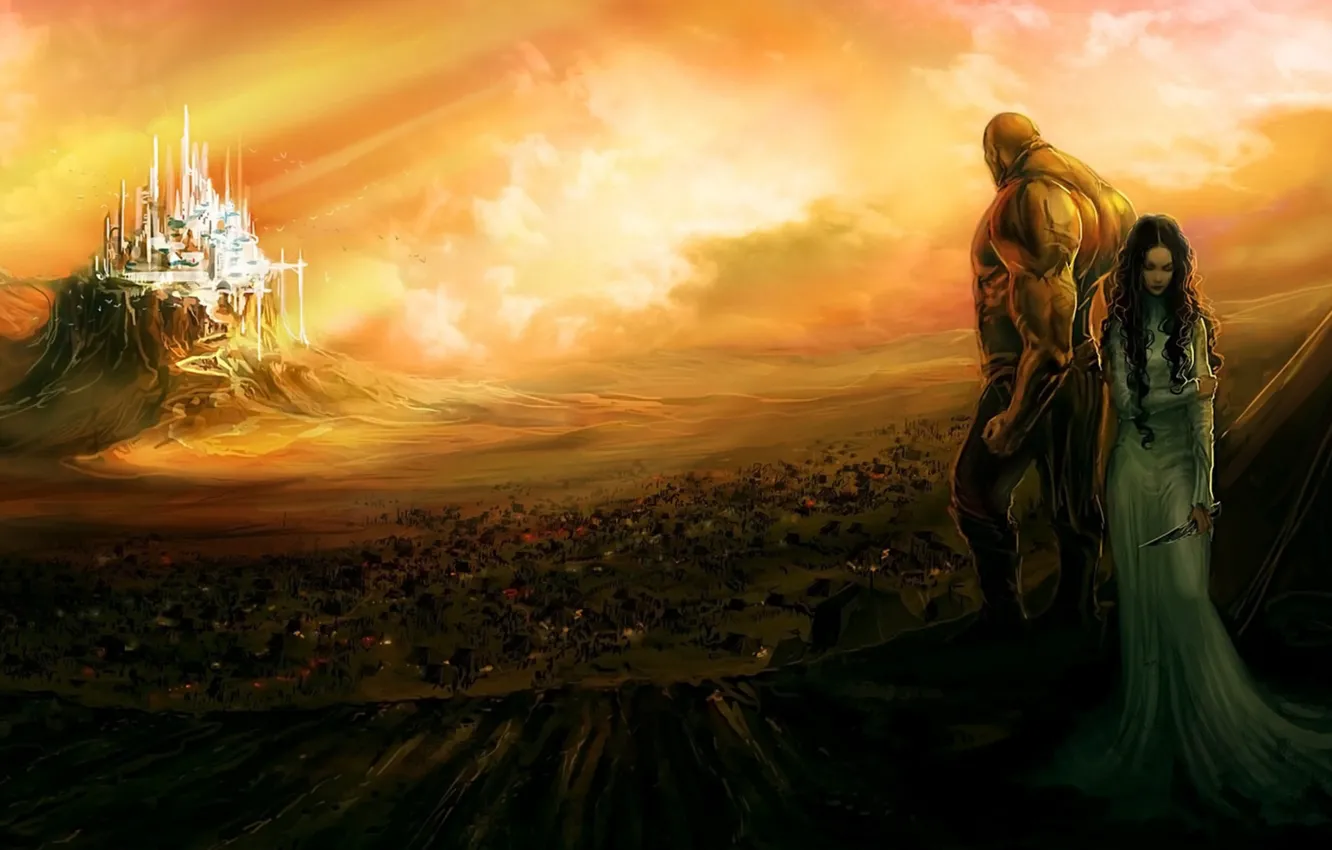 Photo wallpaper home, valley, white dress, traveler, houses, a man and a woman, fantasy art, Valley