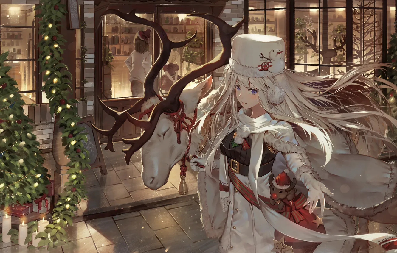 Photo wallpaper girl, the city, tree, deer, Christmas, Enterprise, Azur Lane