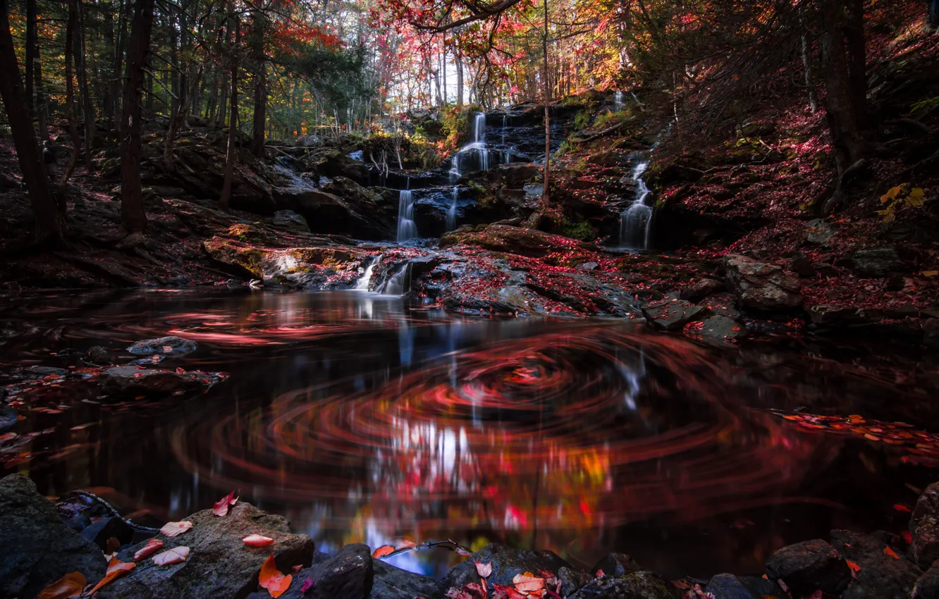 Photo wallpaper autumn, leaves, nature, stones, waterfall