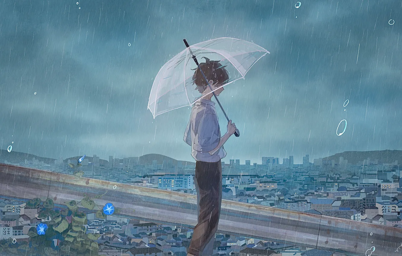 Photo wallpaper the city, rain, umbrella, boy