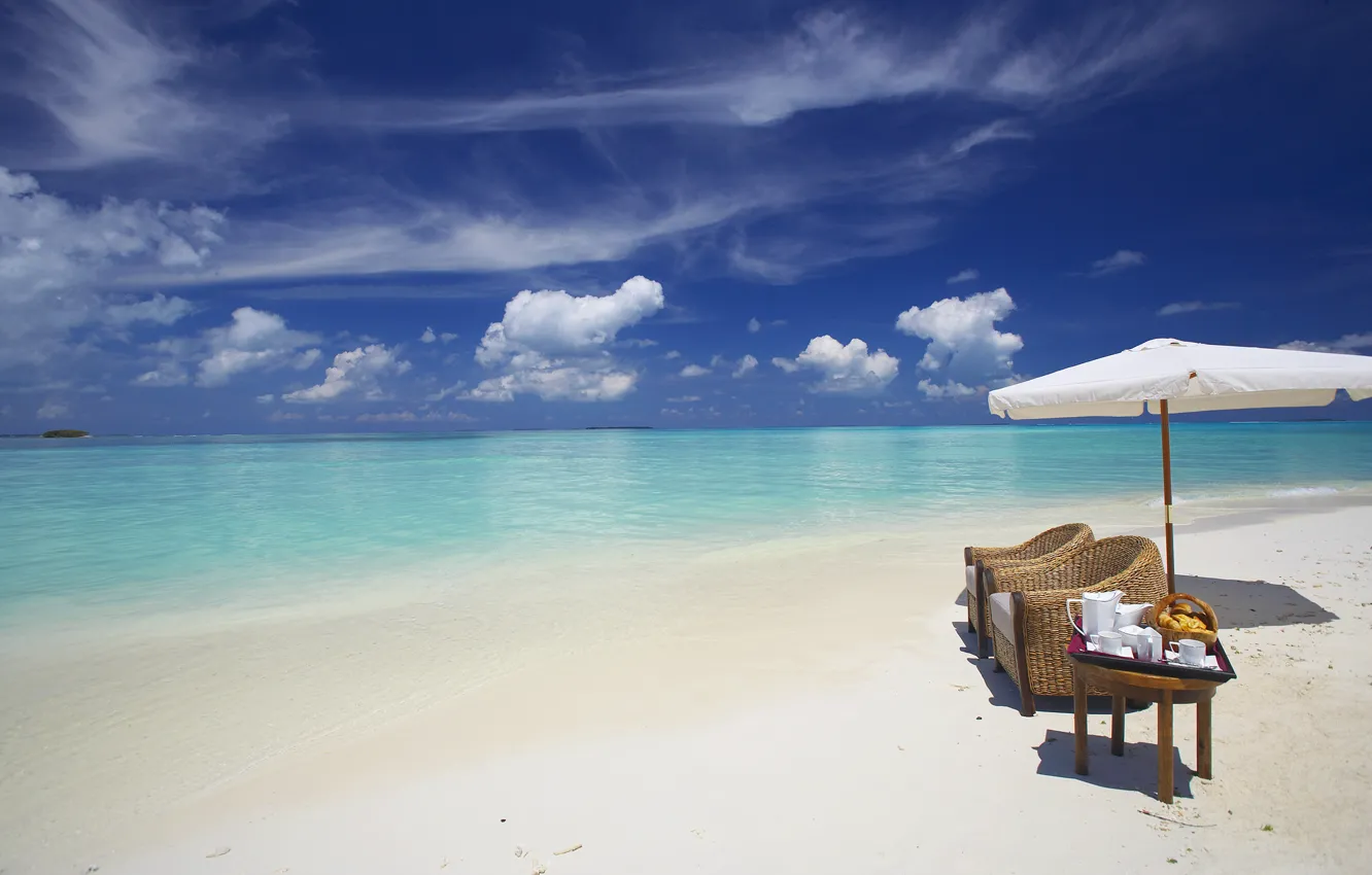 Photo wallpaper sand, beach, water, clouds, the ocean, umbrella, the Maldives
