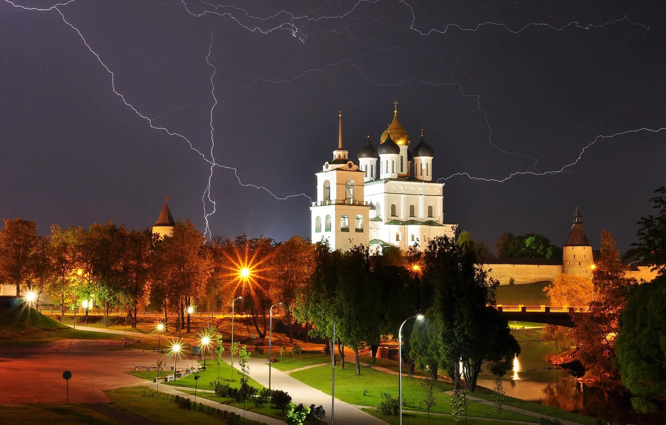 Photo wallpaper the storm, night, the city, lightning, lighting, lights, Cathedral, tower