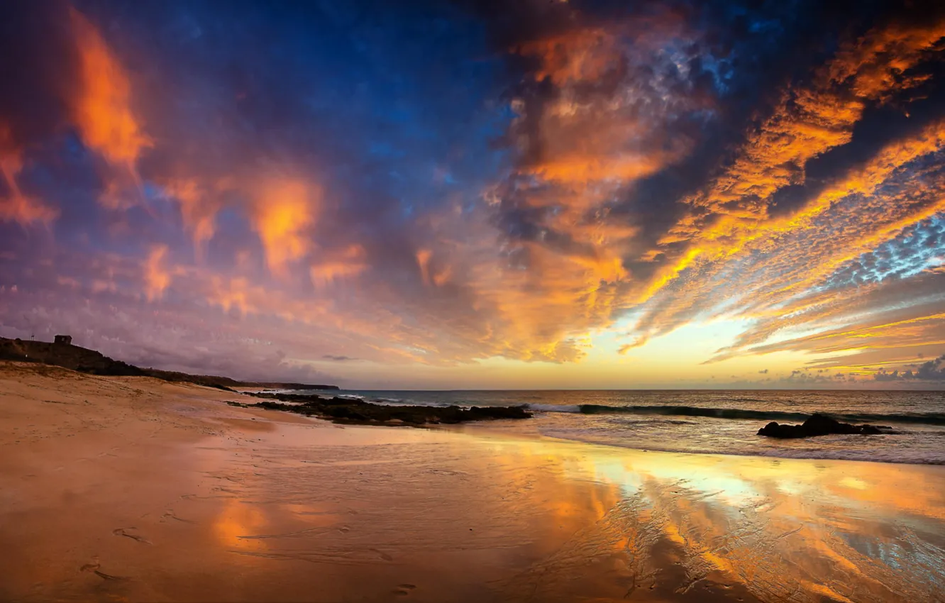 Photo wallpaper sand, beach, sunset, the ocean, rocks