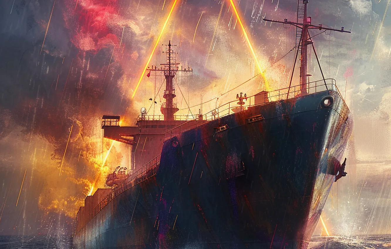 Photo wallpaper Sea, Wave, Ship, Rain, Storm, The portal, Digital art, AI art