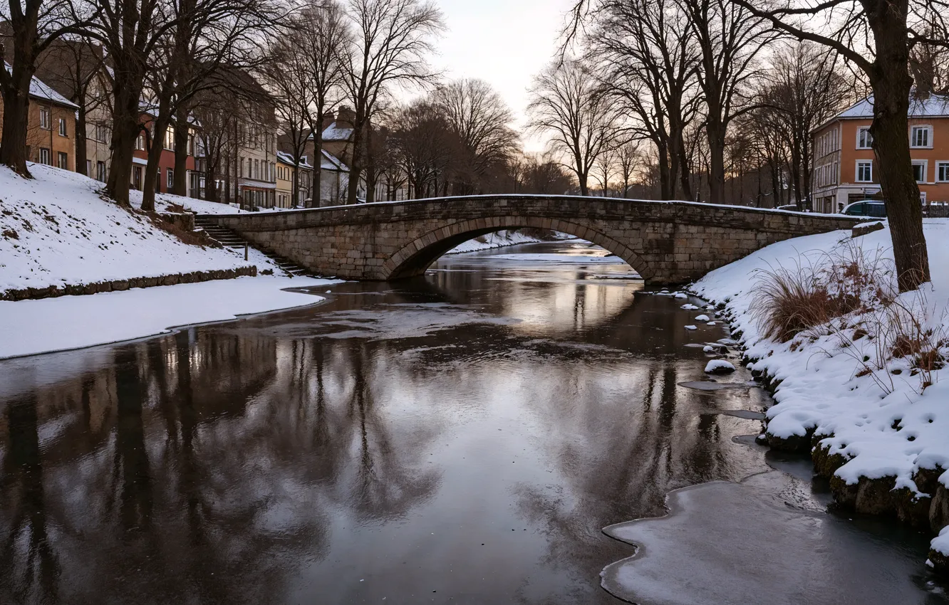 Photo wallpaper winter, snow, bridge, the city, river, home, house, winter