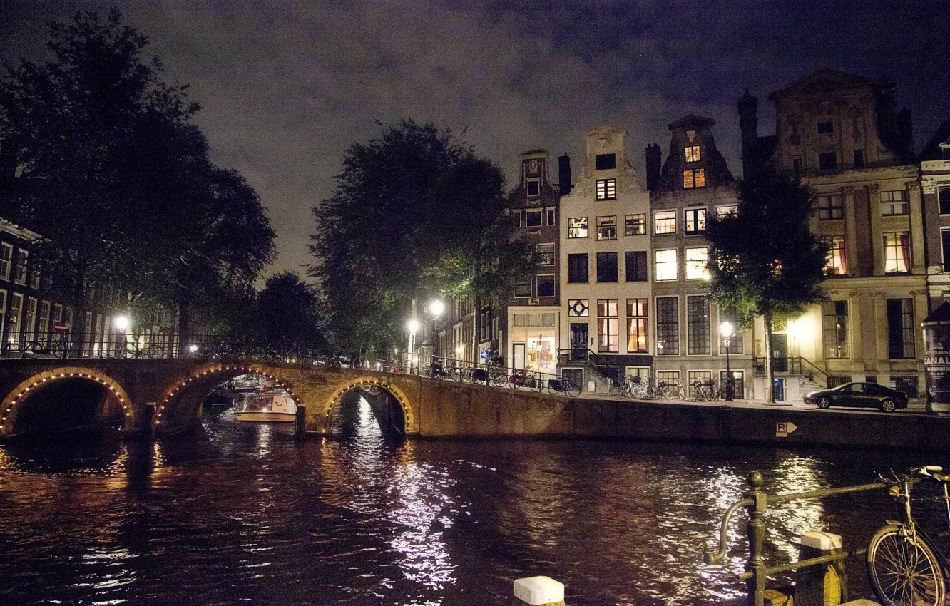 Photo wallpaper lights, bridge, water, night, Amsterdam, Netherlands, canal