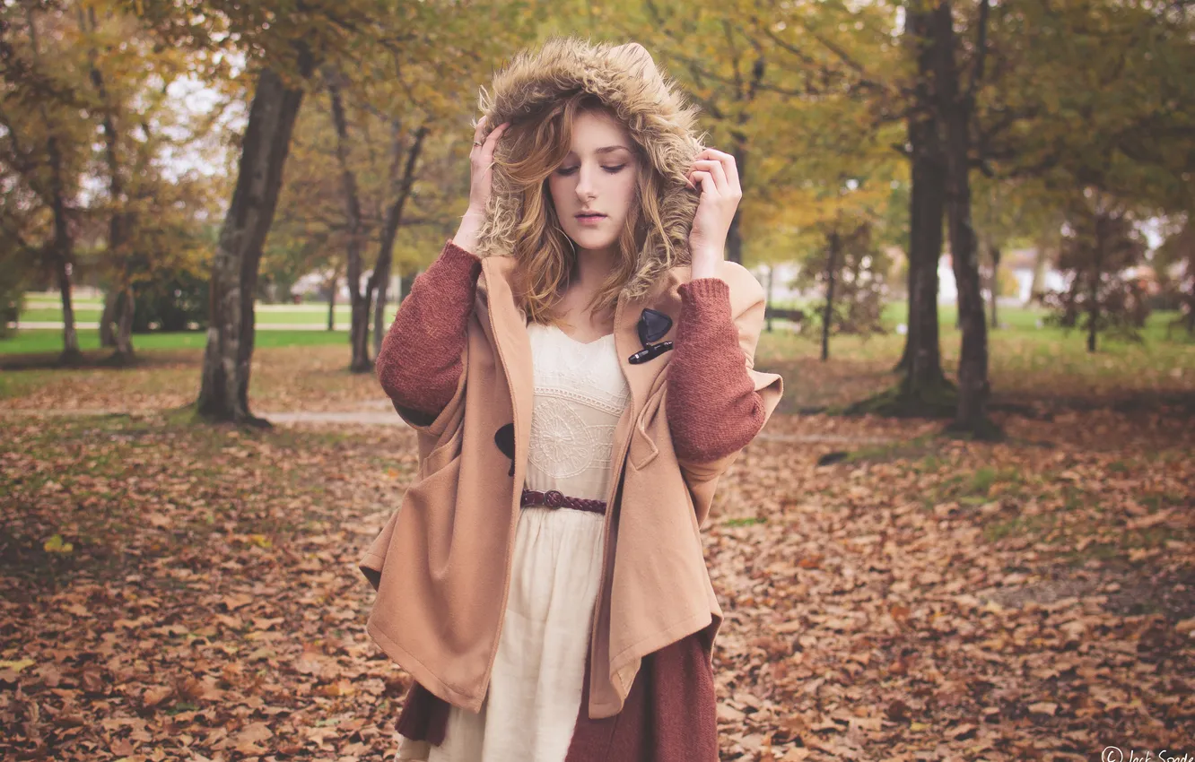 Photo wallpaper autumn, leaves, girl, hood