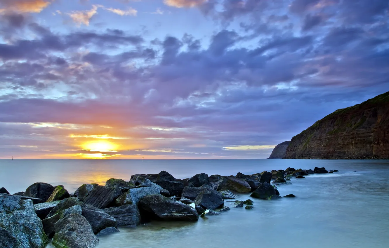 Photo wallpaper sea, landscape, sunset, rocks