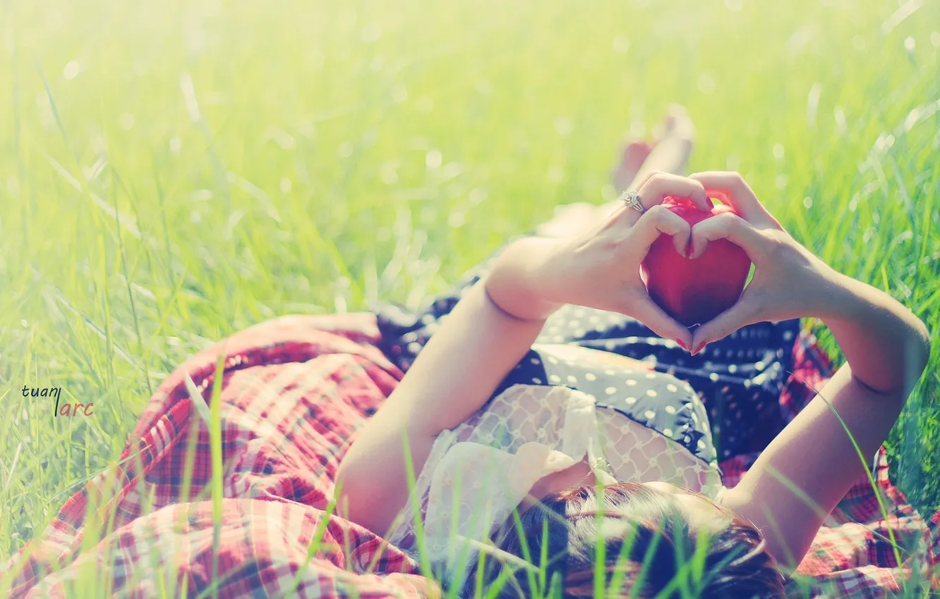 Photo wallpaper greens, grass, girl, nature, background, mood, apples, heart