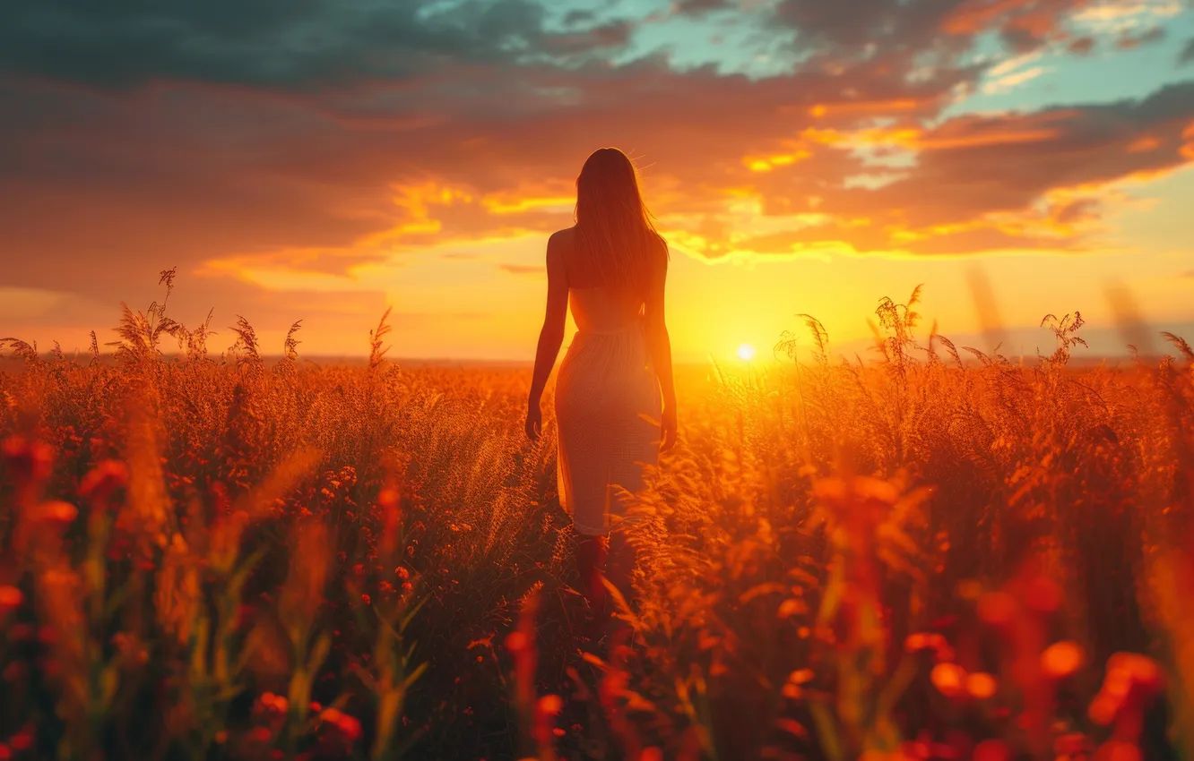 Photo wallpaper neural network, clouds, back, grass, girl, field, flowers, digital art