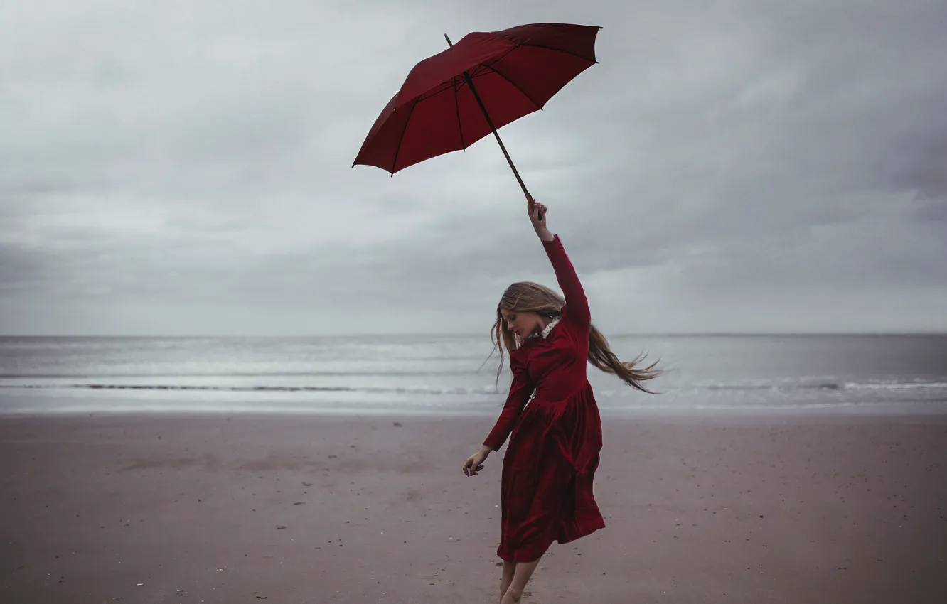 Photo wallpaper girl, flight, umbrella