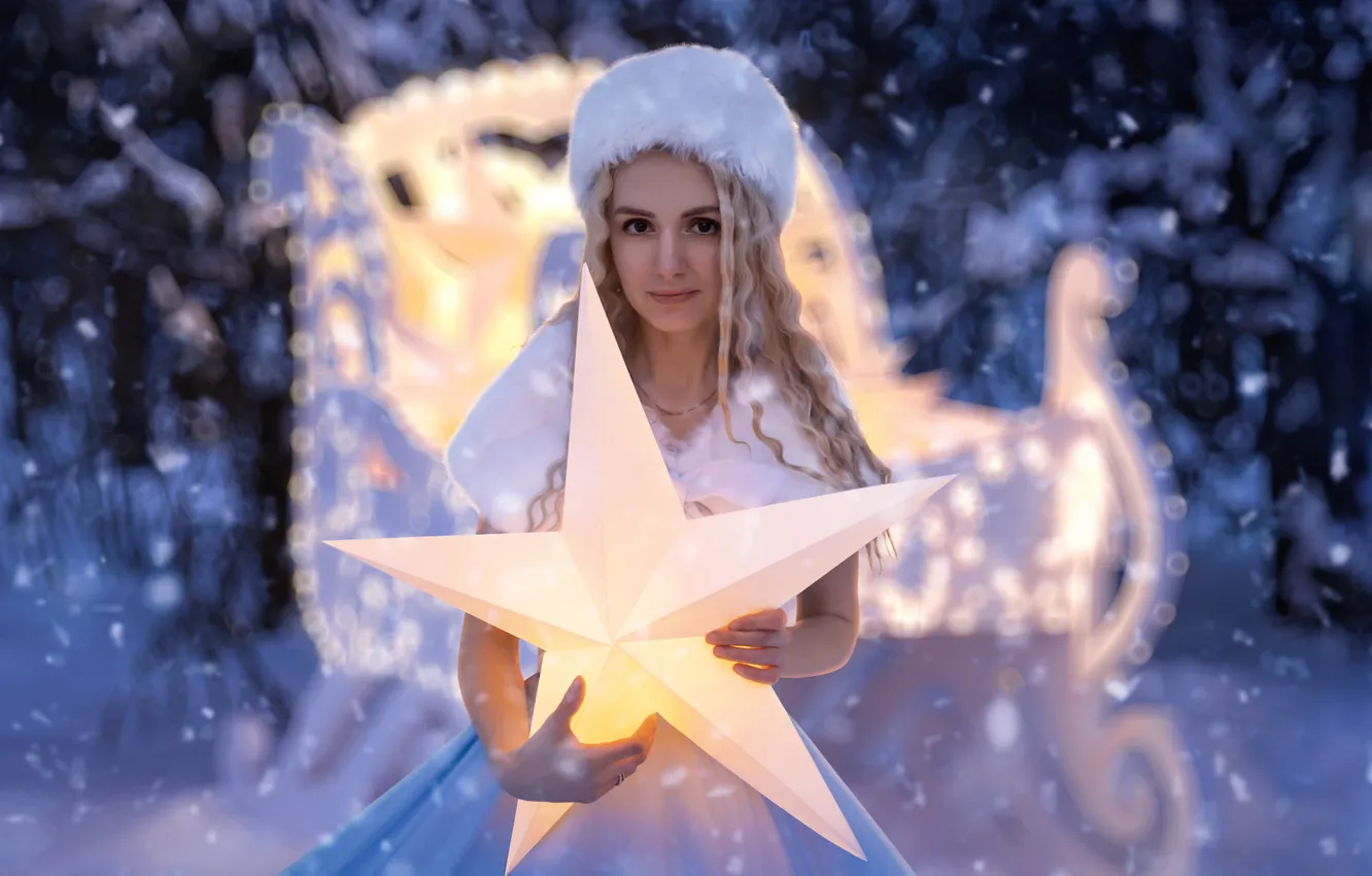 Photo wallpaper winter, frost, forest, look, girl, stars, light, snow