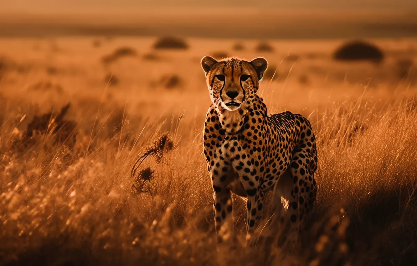 Photo wallpaper grass, look, predator, Cheetah, Savannah, Africa, big cat, digital art