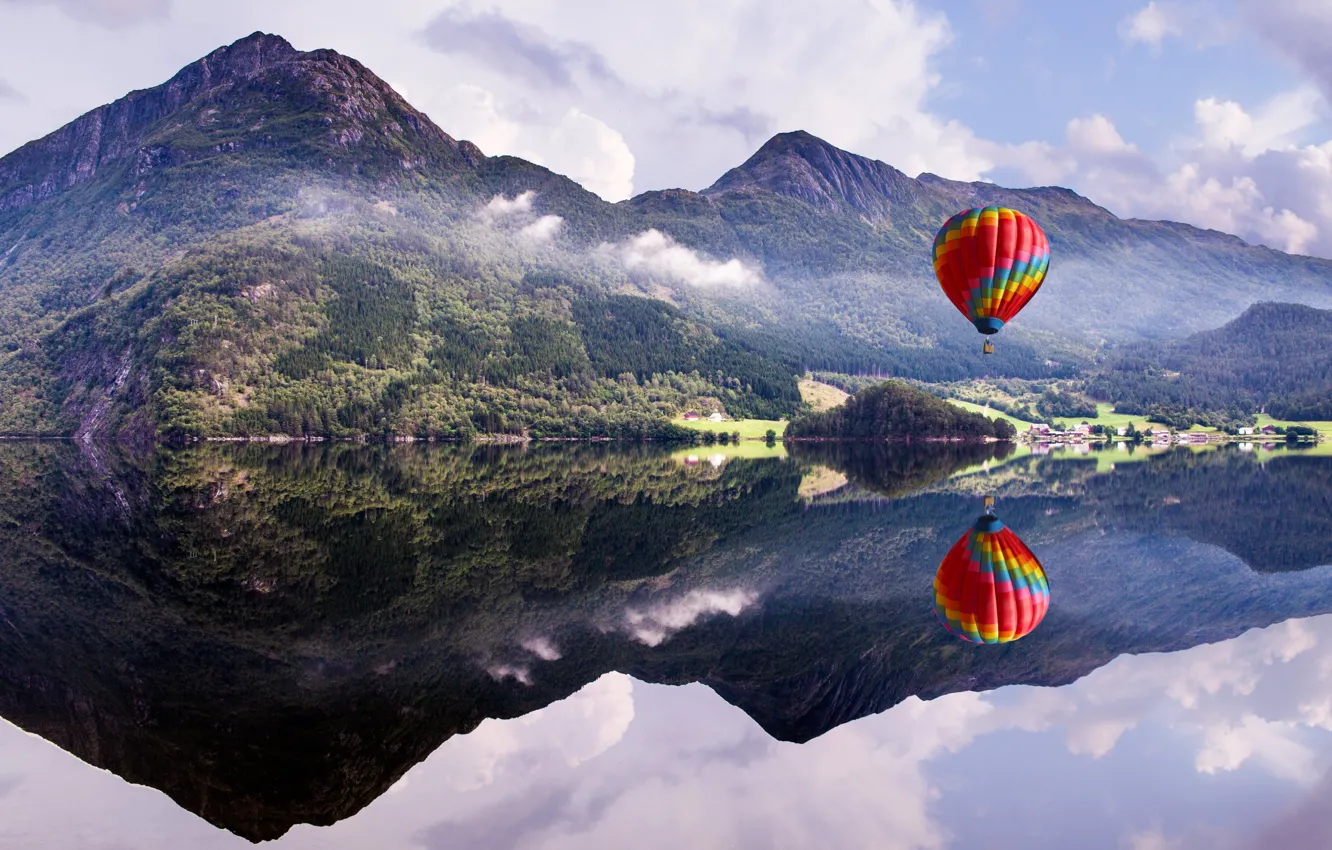 Photo wallpaper forest, water, mountains, reflection, balloon