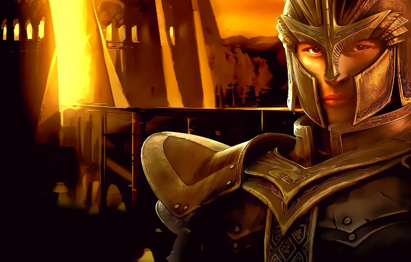 Photo wallpaper sunset, castle, wall, armor, fortress, knight, Guild Wars