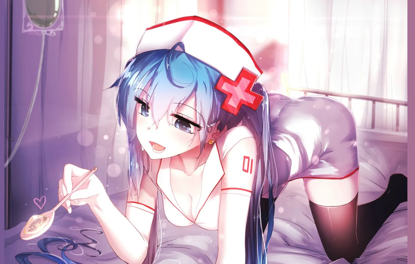 Photo wallpaper bed, stockings, spoon, vocaloid, nurse, Hatsune Miku, blue hair, headdress